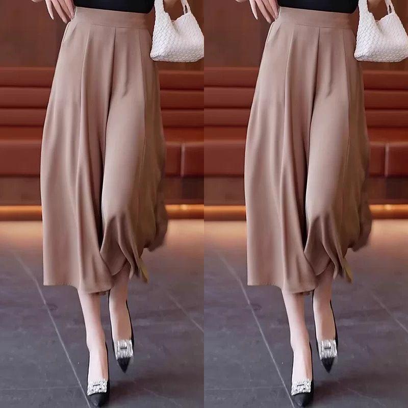 Women's 2026 Summer Ice Silk High Waist Wide-Leg Skirt Pants - Thin, Casual, Seven-Point Style