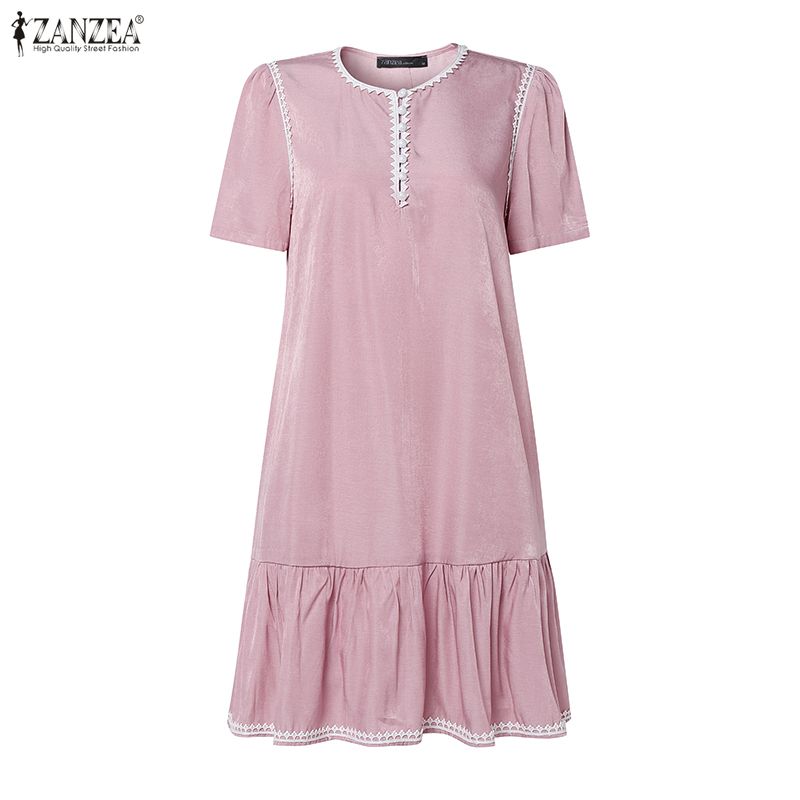 ZANZEA Womens Casual Round Neck Summer Short Sleeve Dress