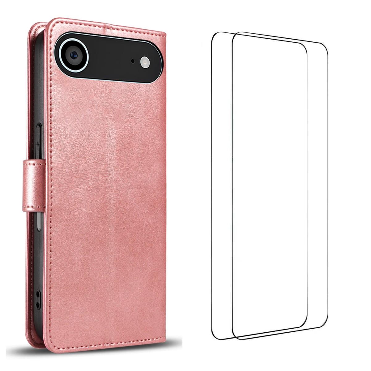 

For iPhone 17 Air Case with 2Pcs Tempered Glass WANLONFENG WN Series Calf Texture Leather Phone Cover Big Cutouts Pink