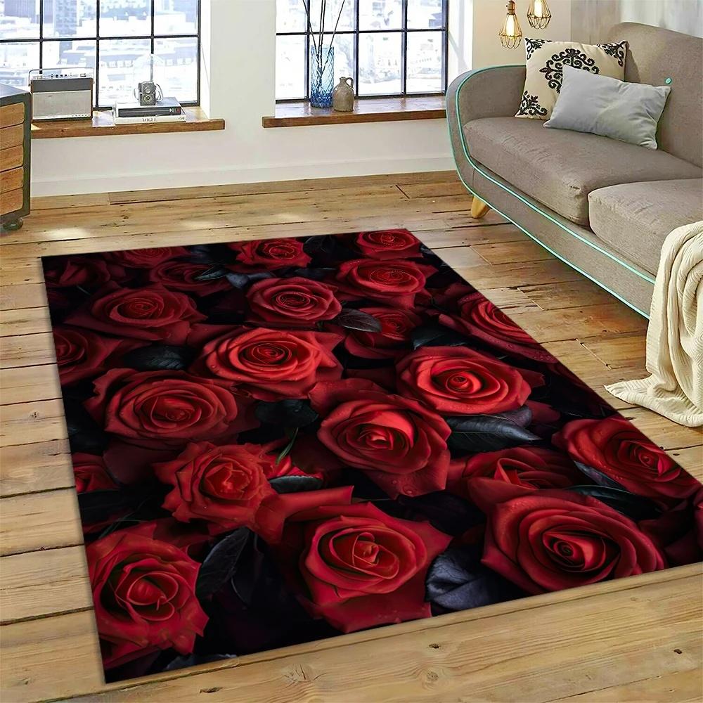 Romantic Red Rose Floral Area Rug with Dark Background for Living Room Bedroom Decor Non Slip Carpet Elegant Style Perfect Gift