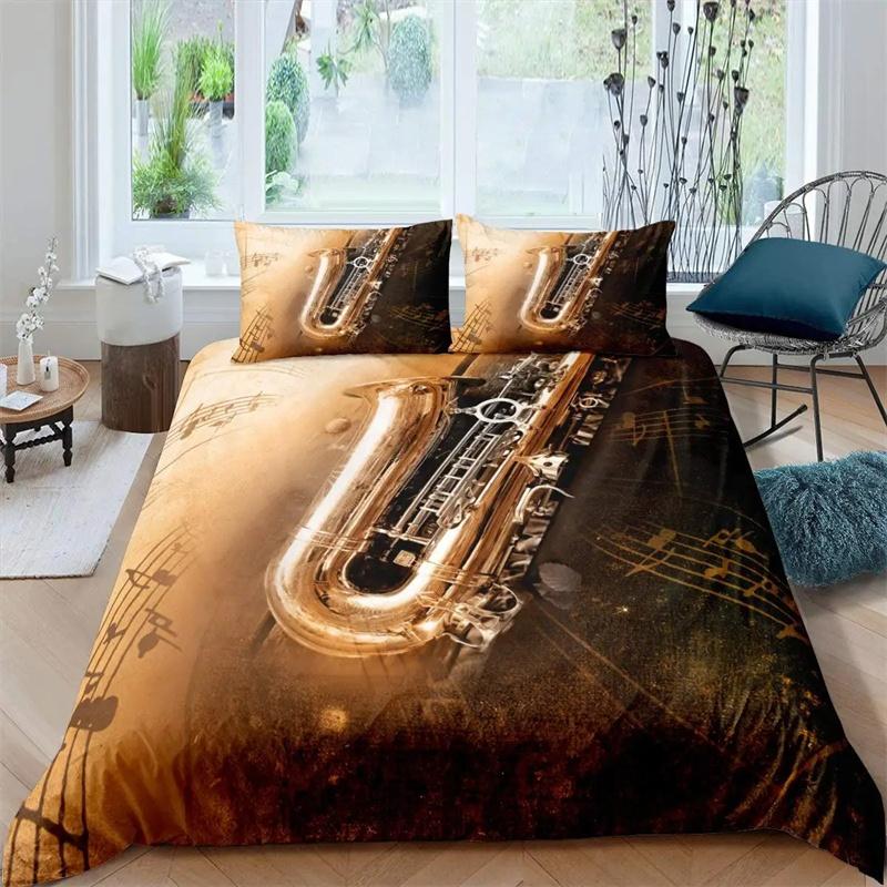 Saxophone Duvet Cover Set Rotating Musical Notes Bedding Set Musical Instrument Retro Jazz Music Theme Twin Quilt Cover For Kids