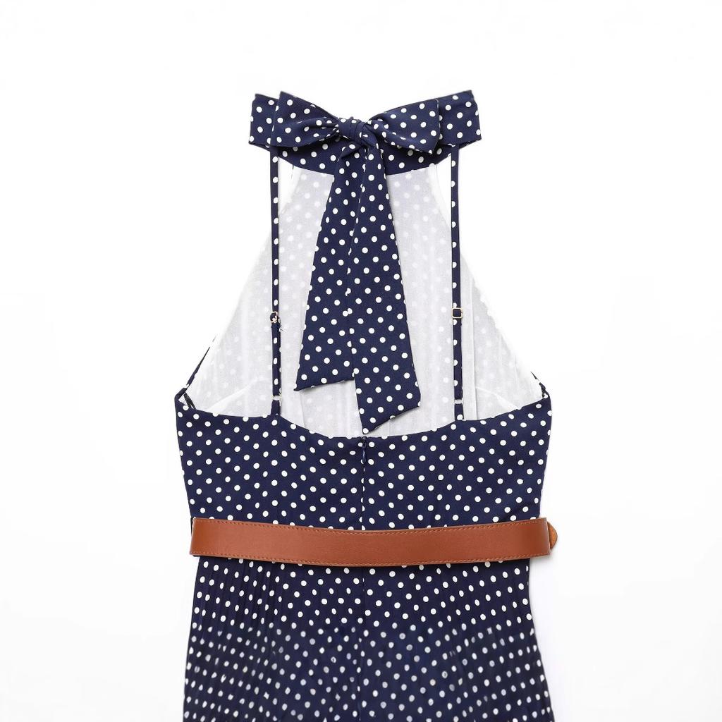 European and American women's clothing summer new models, backless neck collar design, sleeveless with belt Midi dress