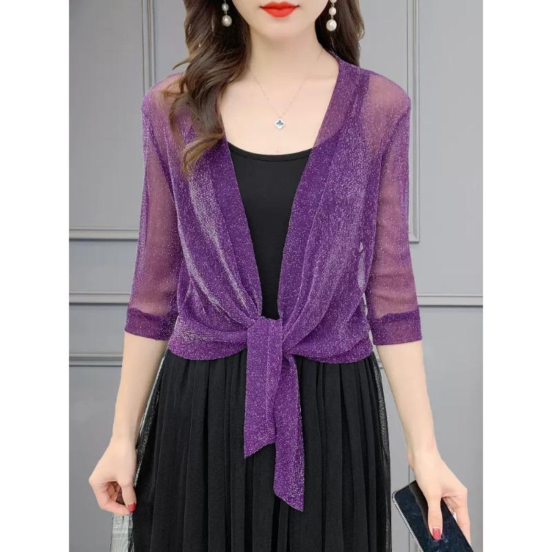 

Летняя шаль, рубашка, свободный кардиган, тонкое пальто, защита от солнца, кондиционер, рубашка без пуговиц, повседневная, элегантная, простая, прикрывающая одежда 3447 One size фиолетовый