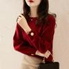 Women's Red Knitted Loose Pullover Sweater, Long Sleeve, Versatile Round Neck, 2025 Autumn/Winter Collection