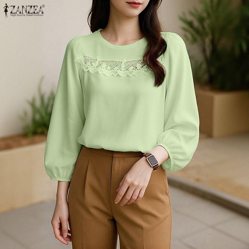 ZANZEA Women Casual V-Neck Long Sleeve Lace Patchwork Solid Color Loose Blouse