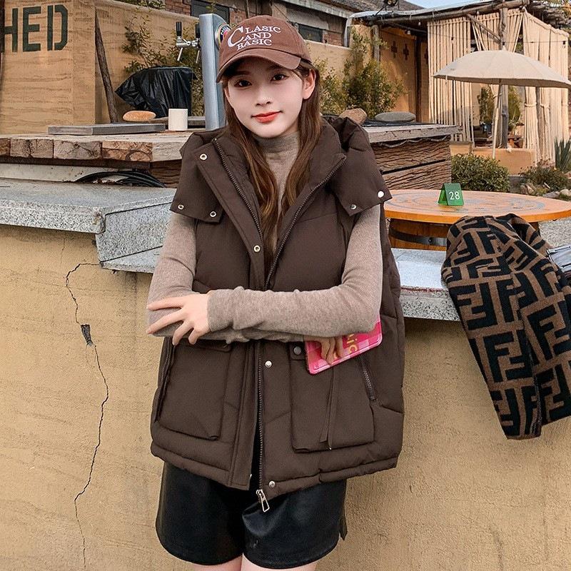 Single cotton vest, large size hooded down cotton vest women's autumn and winter loose cotton vest short cotton vest