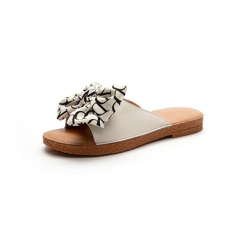 Cowhide 2025 New Summer Daily Leisure Height Increase One-character Bow Cover Foot Flat Heel Soft Sole Rubber Slippers Women