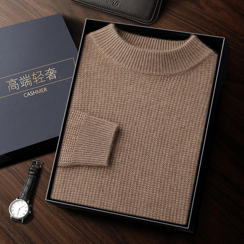 Men's Double-Ply Jacquard Cashmere Sweater - Thick, Half-High Neck, Loose Fit for Autumn/Winter Fashion.