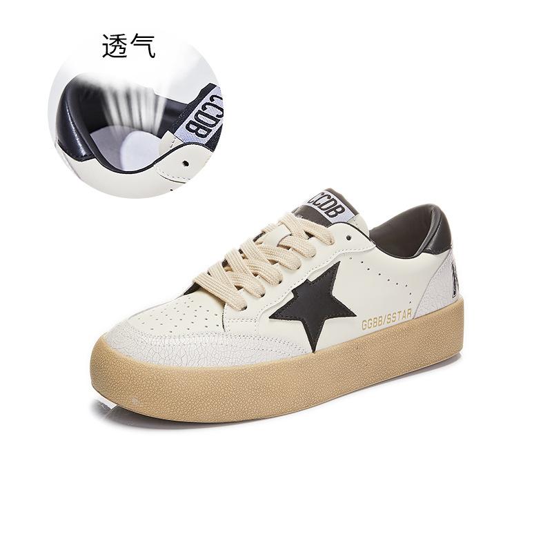 Leather Women's Shoes 2025 Spring New Women's Star Shoes Casual Flat White Shoes Women's Burst Pattern Sports Board Shoes