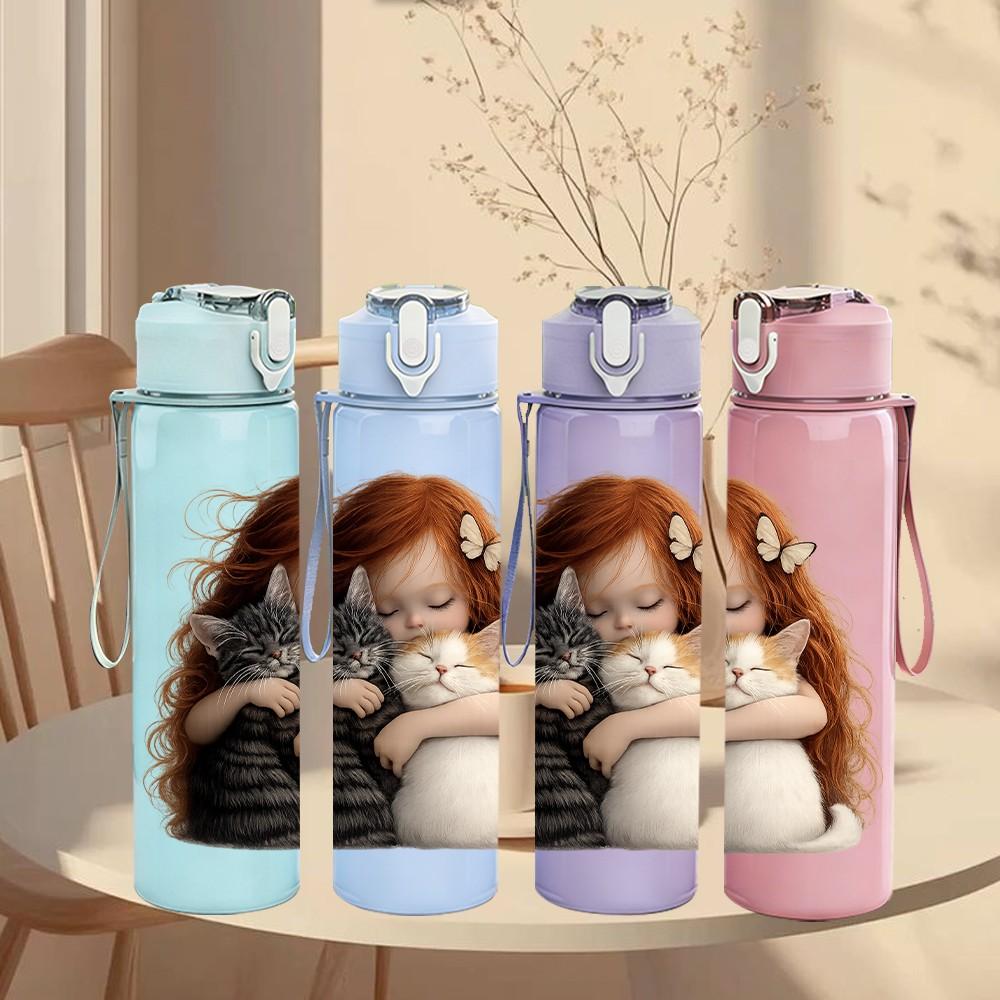 1PC Little Baby Hug Stuffed Bear Print 750ml Color Plastic Sports Water Bottle Leakproof Flip Straw Lid Suitable for Sports Office Home Use