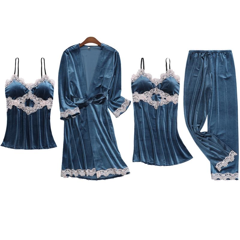 

Сексуальный кружевной комплект из четырех предметов пижамы, женский комплект одежды для брюк, розовая велюровая ночная рубашка, осень-зима, свободная домашняя одежда из бархата XL