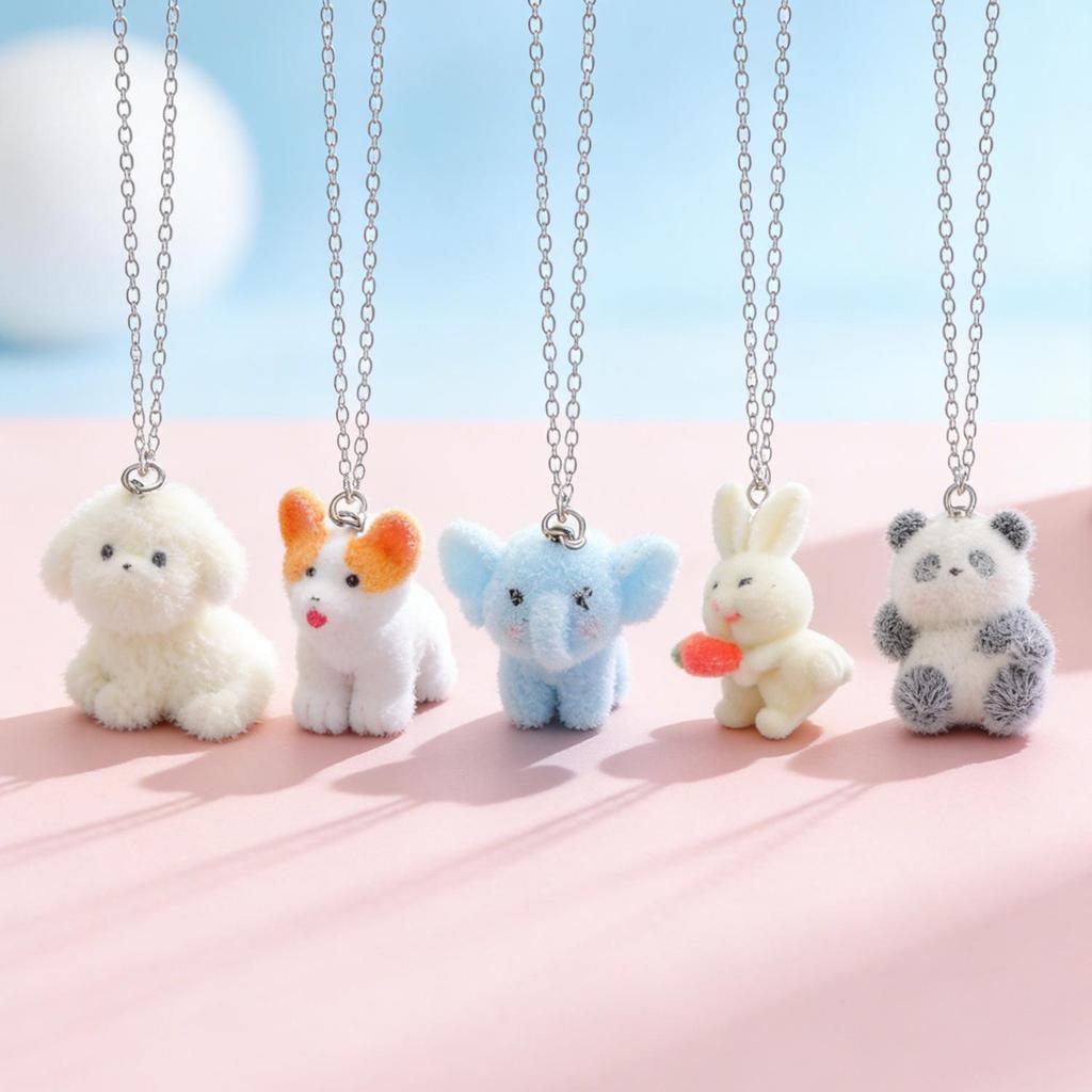 Cute 3D Flocked Resin Pendant Necklace - Dog, Panda, Rabbit Designs for Women