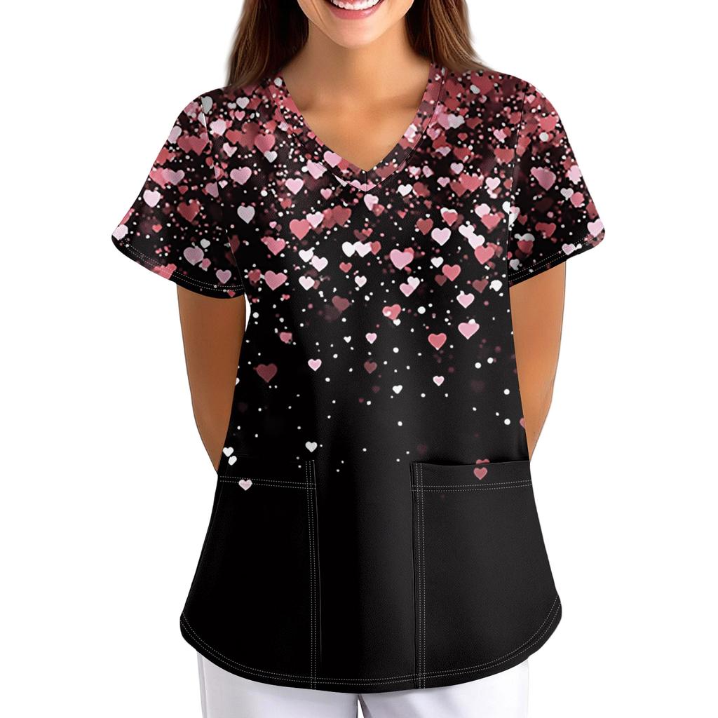 Plus SizePrinted Scrub Working Uniform Tops For Women's Cross V-Neck Print Short Sleeve Fun T-Shirts Workwear Tee With Pockets