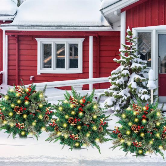 Pre-lit Christmas Tree Urn Filler Battery Operated Artificial Xmas Tree with Cones Berries Holiday