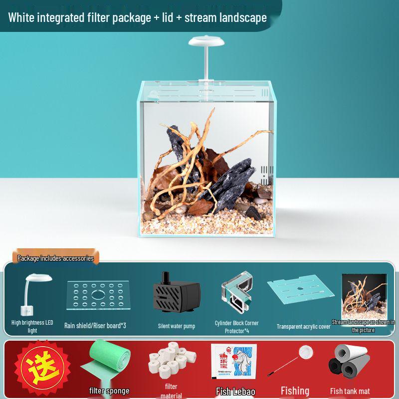 Compact Ultra-White Glass Fish Tank with Back Filter - Minimal Maintenance Desktop Aquarium for Goldfish