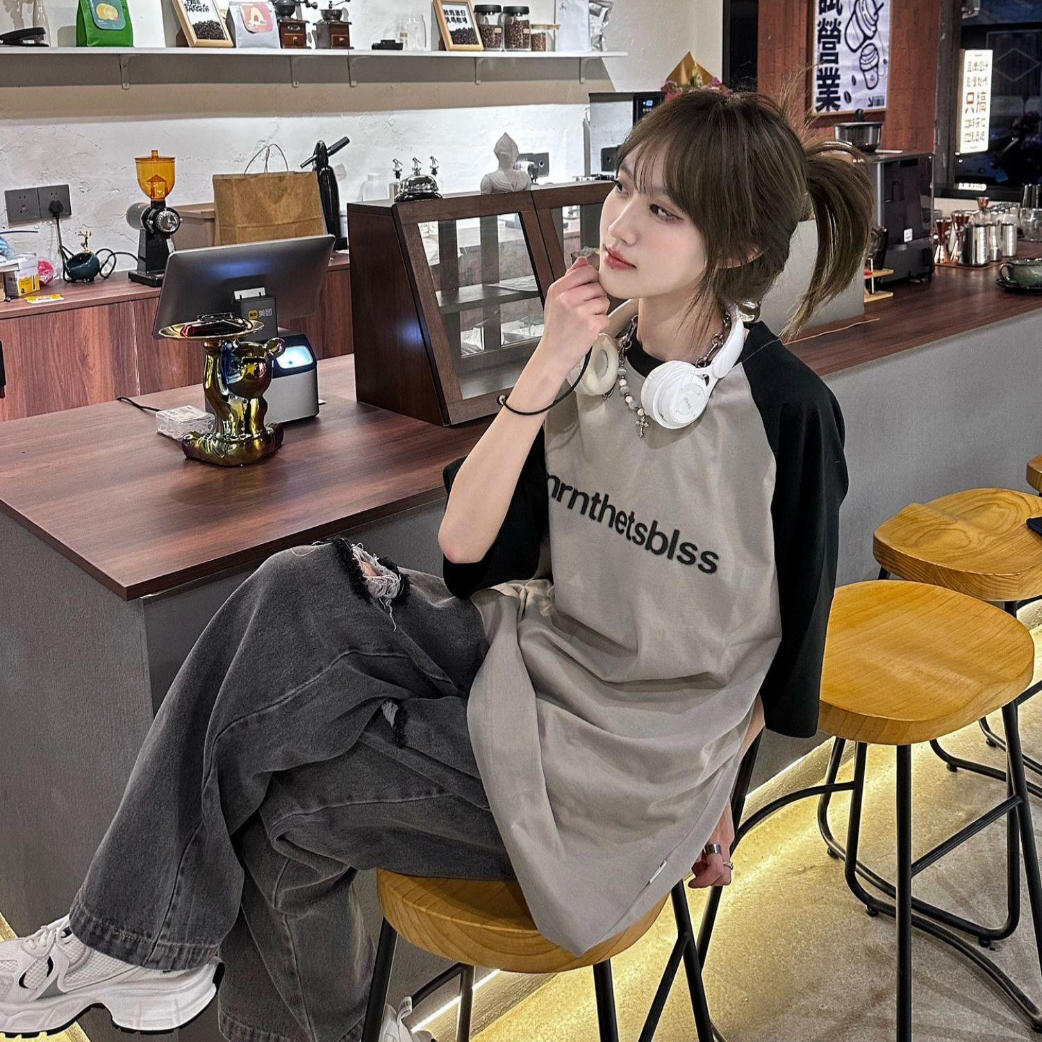 

Женская футболка с буквенным принтом, осенне-зимняя, с длинным рукавом, в стиле пэчворк, модный ретро-топ с контрастным вырезом Y2K, горячая девушка, одежда Kpop XXXL чёрный