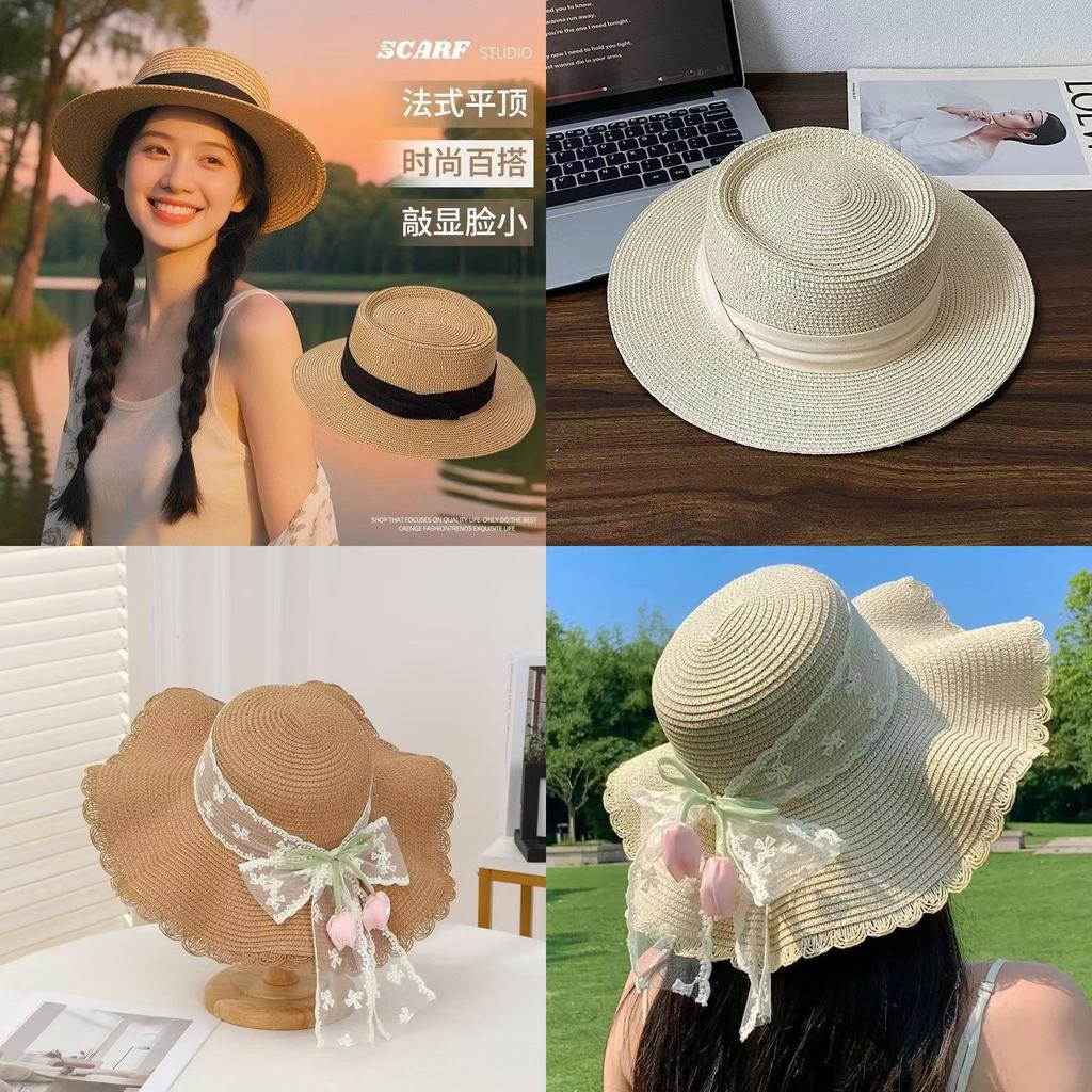 Straw Hat With French Lace Bow And Wave Edge For Beach Sun Protection