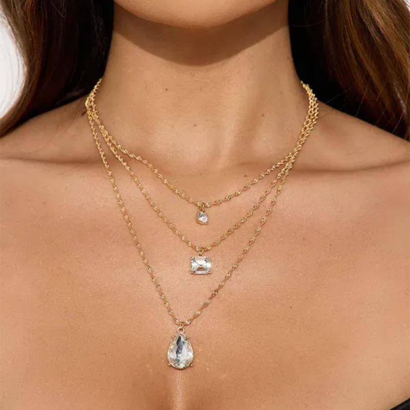 Fashion Irregular Water Drop Gem Necklace, Simple and Versatile Light Luxury Multi-layer Stacked Sweater Chain Necklace