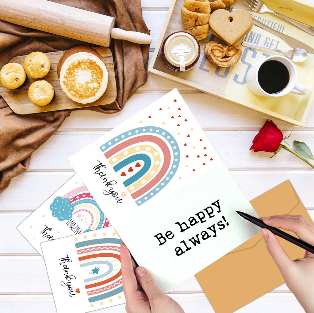 12pcs Cute Rainbow Heart Thank You Cards Set with Envelopes, Birthday Greeting Cards with Messages for Invitations & Gifts