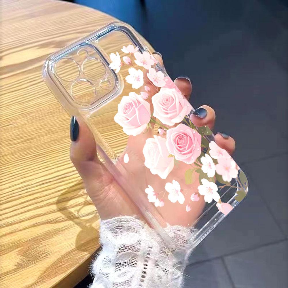 Rosa Rosen und Kirschblüten Handyhülle für IPhone 17 15 16 14 13 12 11 Pro Max Plus 12 13 Mini TPU Schutzhülle