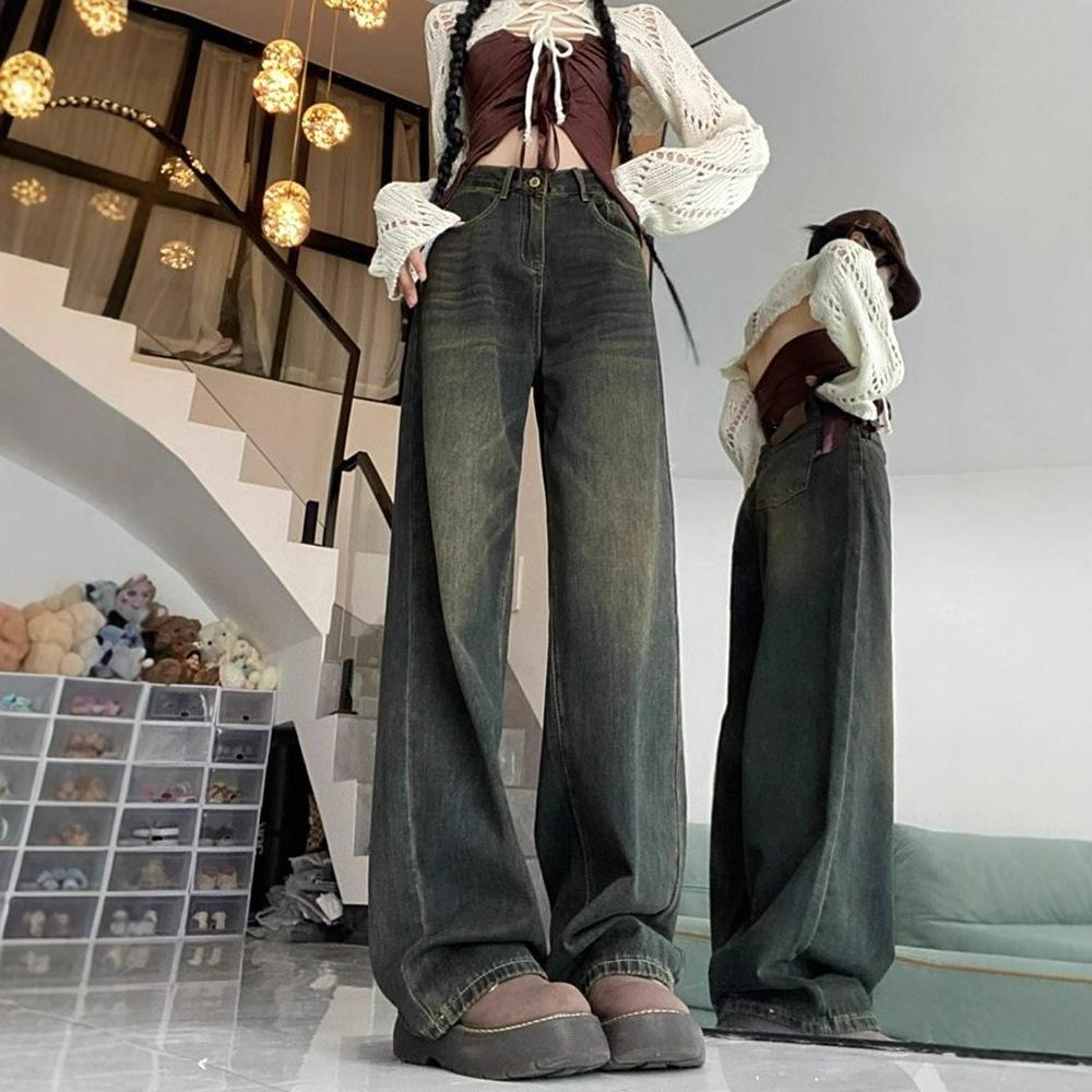 Vintage Wide Leg Jeans Women's Autumn and Winter Large Size Pear-shaped Figure Loose Thin Straight Dragged Trousers Jeans for Women Long Denim Pants