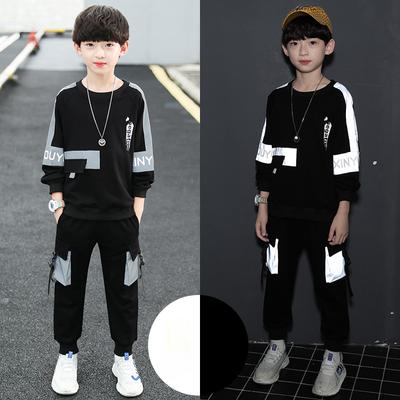 Kinderkleidung Herbstanzüge für Jungen Koreanische Version des farblich passenden leuchtenden Langarmpullovers für große Jungen, modischer zweiteiliger Anzug