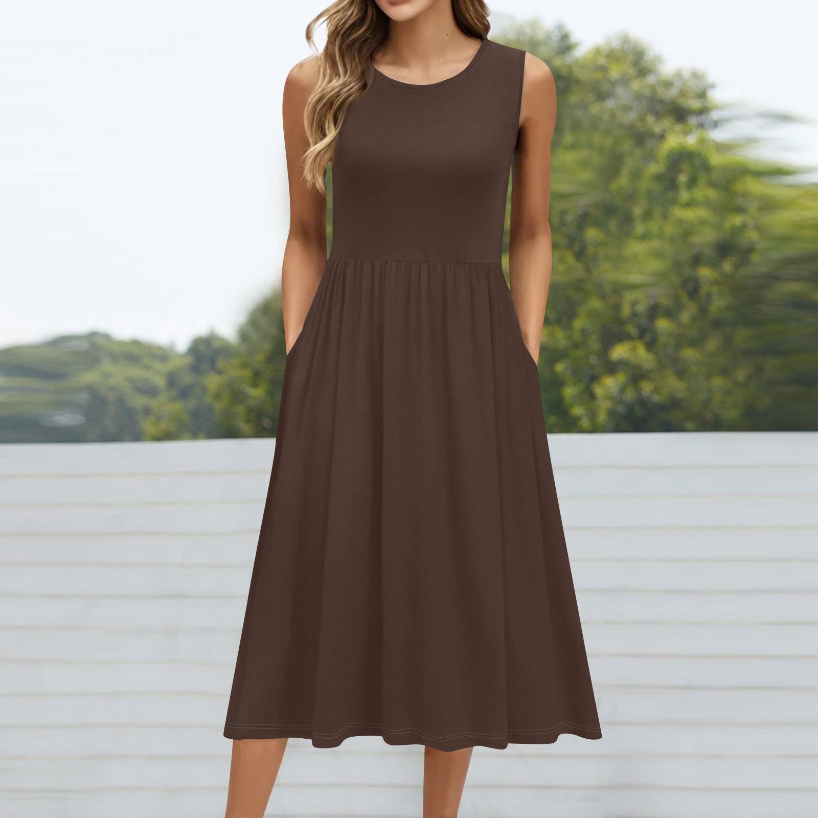Women s Fashionable Color Round Neck Sleeveless Casual Pullover Pocket Mid Length Dress XL кофейный