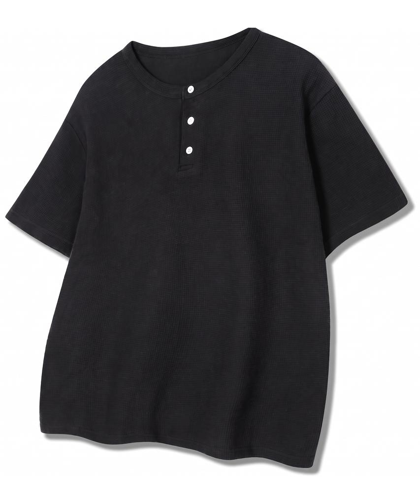 DE GRAND MATIN Waffle Henley-Neck T-Shirt_Black