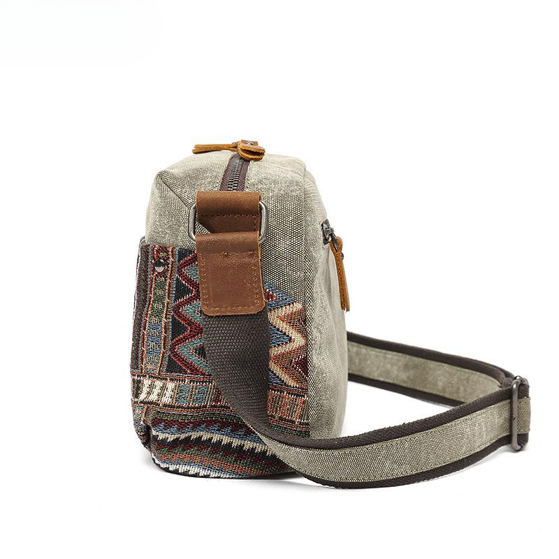Skew Bag Damen Canvas Ethno-Stil mit Crazy Horse Leder Schultertasche Slant Bag