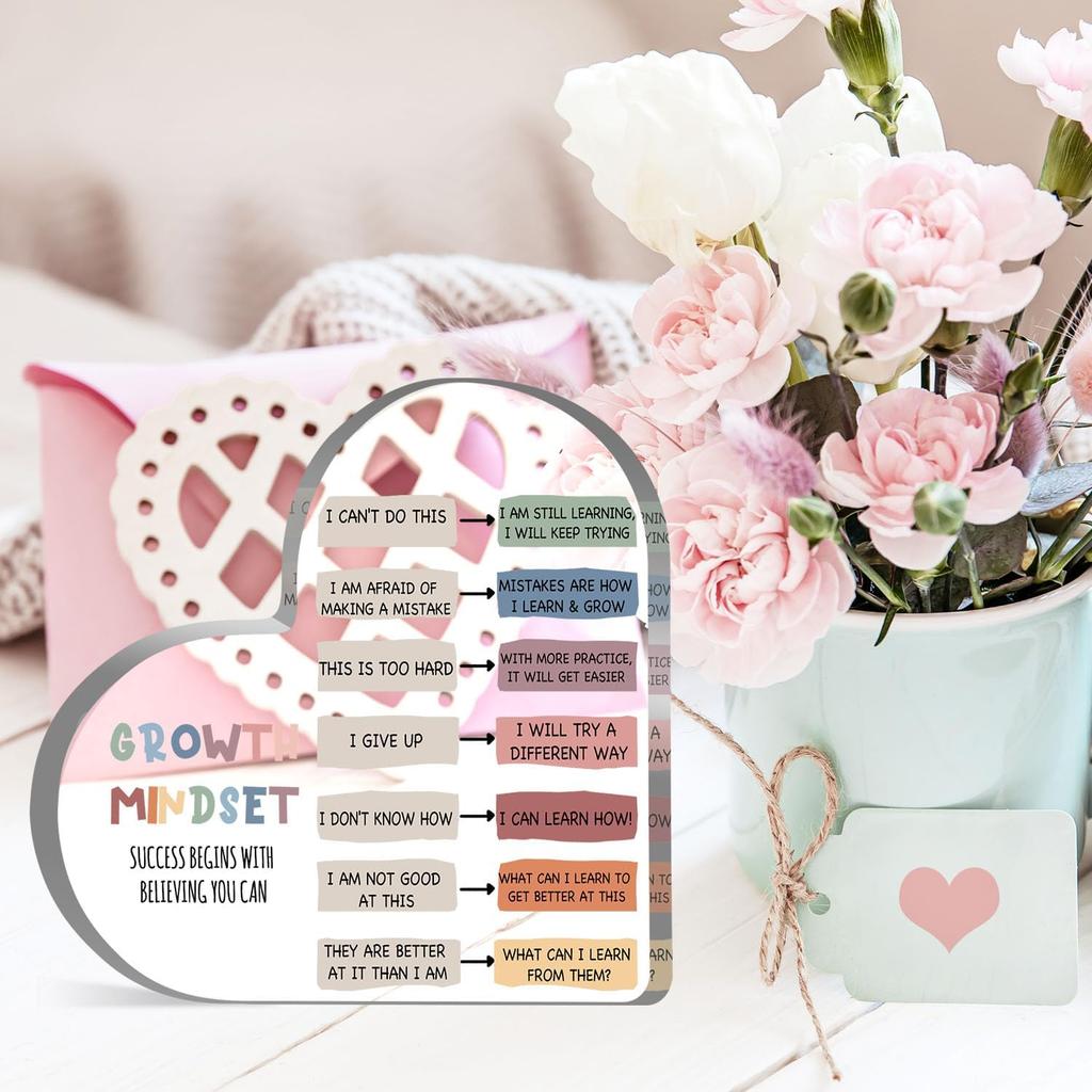 Growth Mindset Decor, Mental Health Therapy Office Classroom Art Educational Acrylic Heart Inspirational Gift