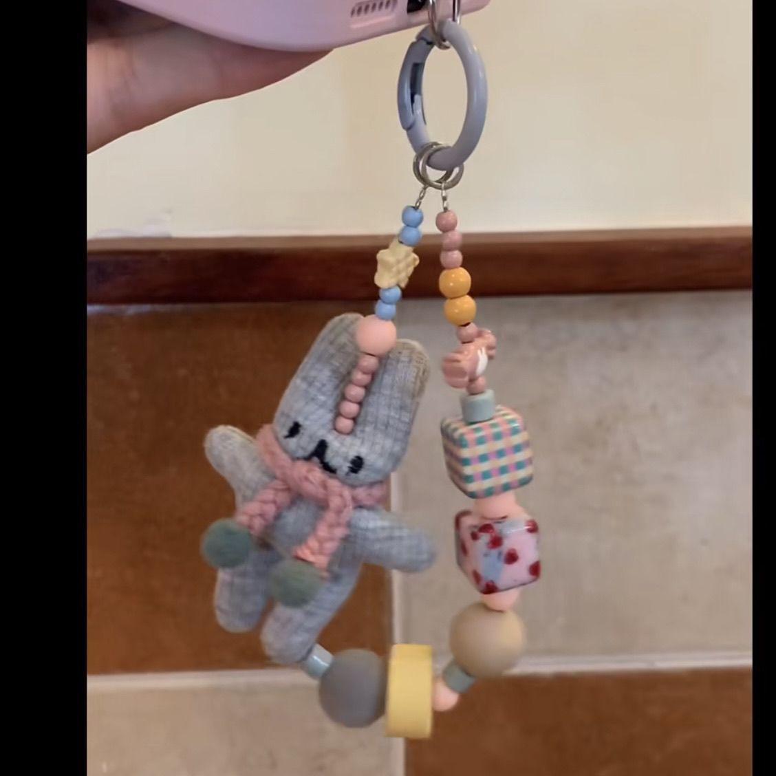 

Heavy Craft Yarn Knitted Bunny Phone Case Lanyard Vintage Niche Keychain Bag Pendant Camera Decoration Woven Bunny Cube Hanging