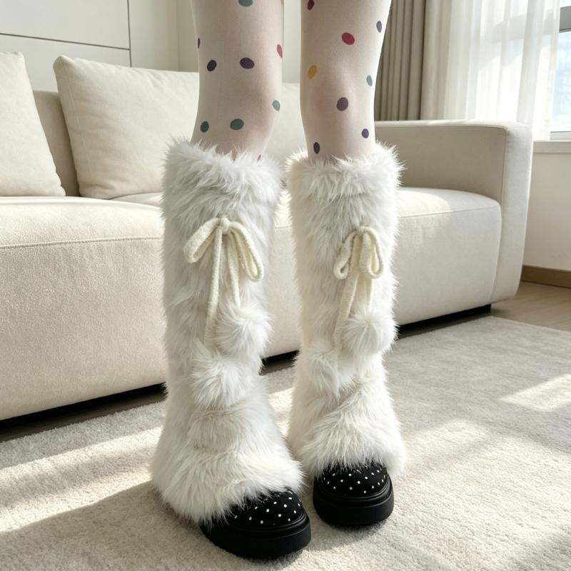 Plush Leg Warmers for Fall and Winter Layering, with Flared Lower Openings, and Bowknot Accent, Thick Faux Furs Boot Covers Long Socks for Women