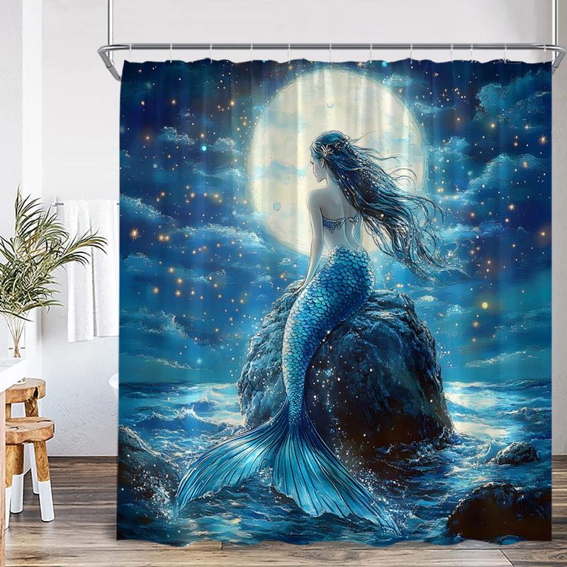 Ocean Mermaid Shower Curtains Sea Waves Cosmic Starry Sky Sunset Scenery Modern Fabric Home Bathroom Curtain Decor With Hooks