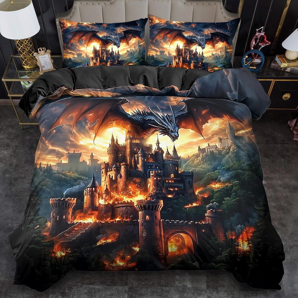 2/3Pcs Quilt Cover Set Fantasy Flame Dragon Printed Duvet Cover Set King Queen Style Bedding Set Polyester Machine Washable