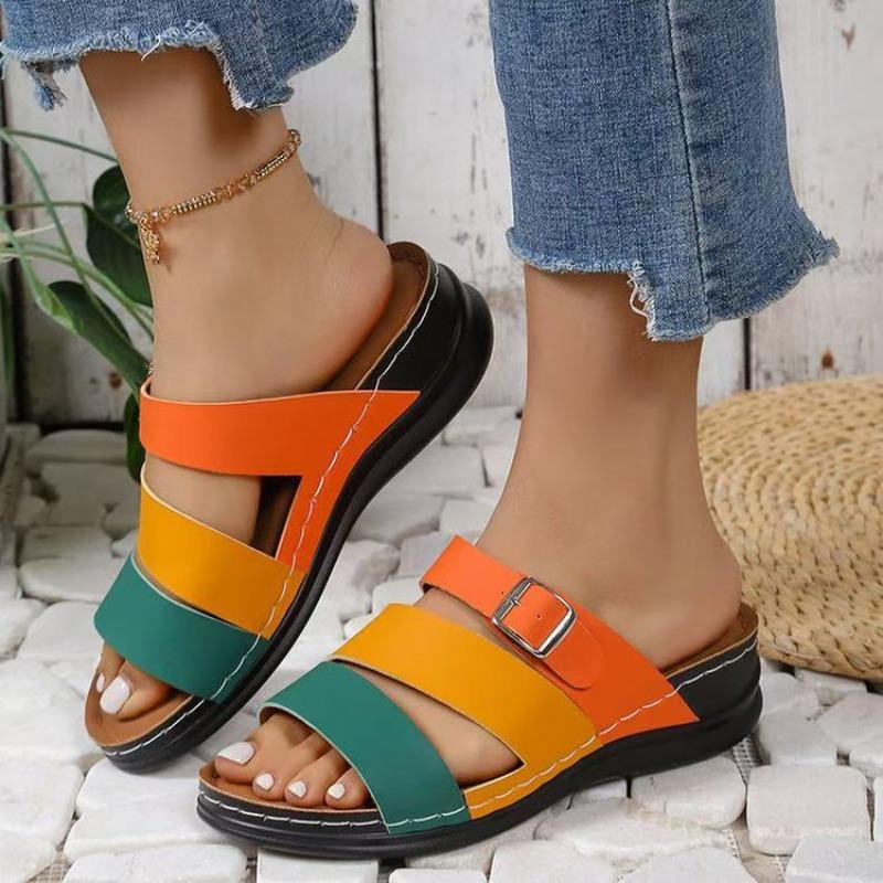 Women's Plus Size New Summer European American Style Color Blocking Wedge Heel Open Toe Slide on Beach Sandals