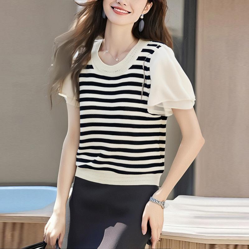 Women's Clothing Real Shot Spring and Summer New Splicing Chiffon Short-sleeved Striped Women's Fake Two-piece Crew Neck Knitted Sweater
