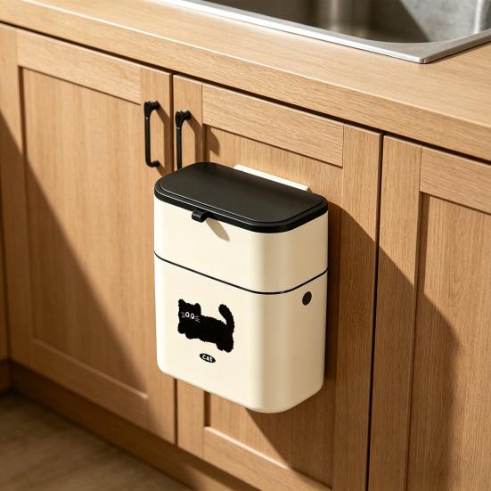 Garbage Can One-Hand Operation Sliding And Lifting Cover Dual Opening Way Trash Bin with Black Cat Print Trash Can for Kitchen Cabinet