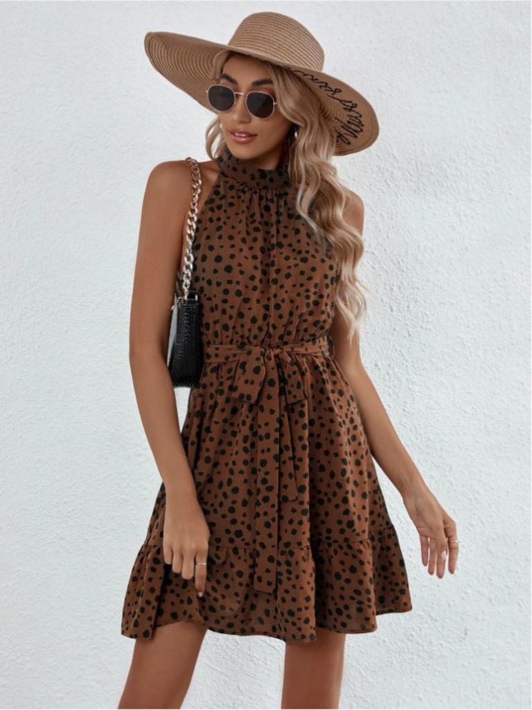 Halter Neck Round Dot Dress Lace Up Ruffle Edge Dress Sleeveless Chiffon Dresses Causal Women Dress