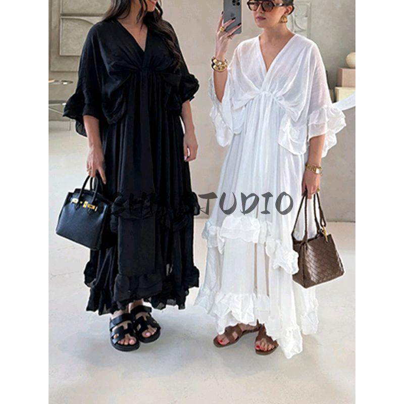 Summer New Women Clothes Seaside Holiday Style V-neck Horn Short Sleeve Waist Hugging Slimming Frill Long Dress