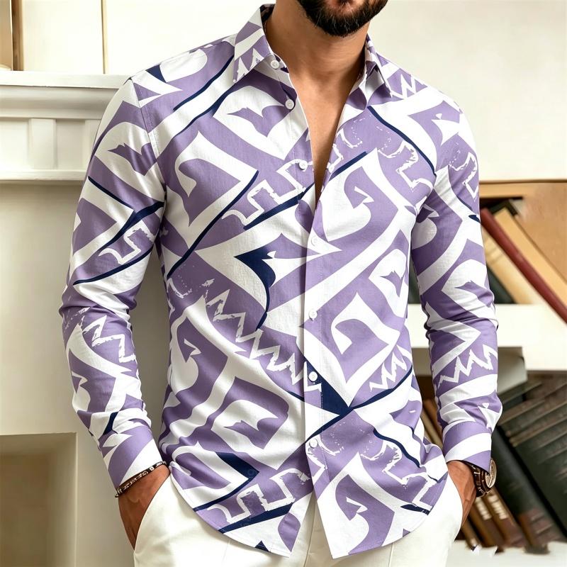 Men's Collar Button Up Long Sleeved Shirt, Black and White Abstract Geometric Full Print Shirt, Street Trendy Casual Loose Top