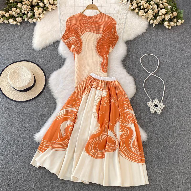 

Fashion round Neck Print Pleated Skirt Fashion Suit Orange S