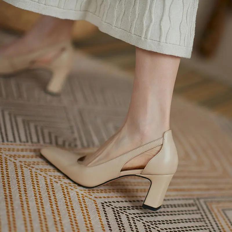 Fashion Chunky Heels Normal Leather Casual High Block Heel Nude Ladies Footwear Office Women's Shoes Square Toe Pumps on Heeled 39 Offer