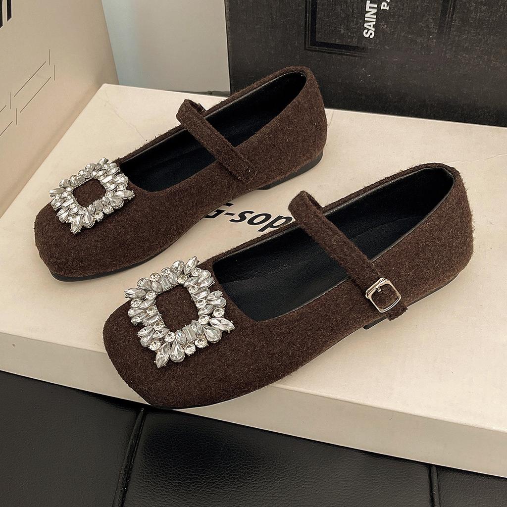 Large size women's shoes 41-43 fat feet French rhinestone woolen Mary Jane shoes spring and summer with skirts shallow beanie shoes list