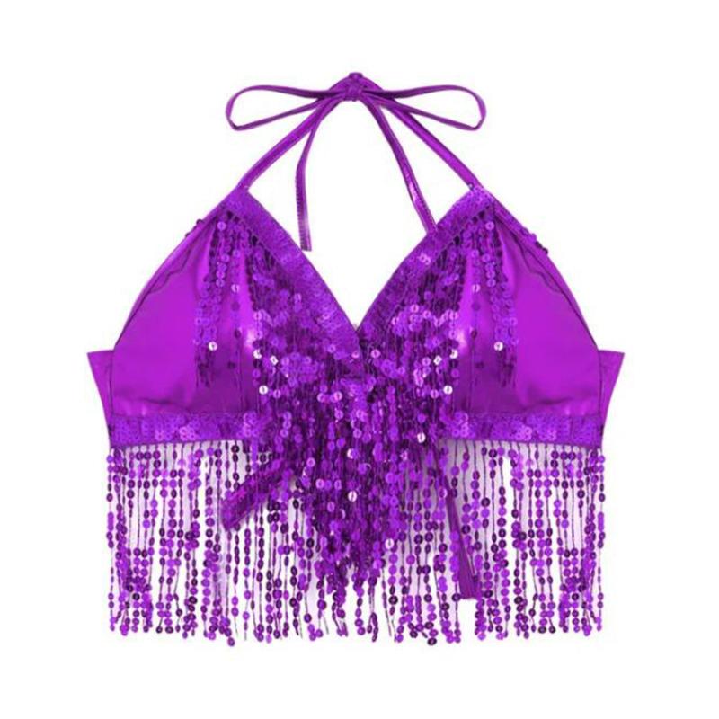 Belly Dance Sequin Fringe Top Nightclub Performance Halter Bra Dance Wear Show Costumes Halter Bra  Performance Top