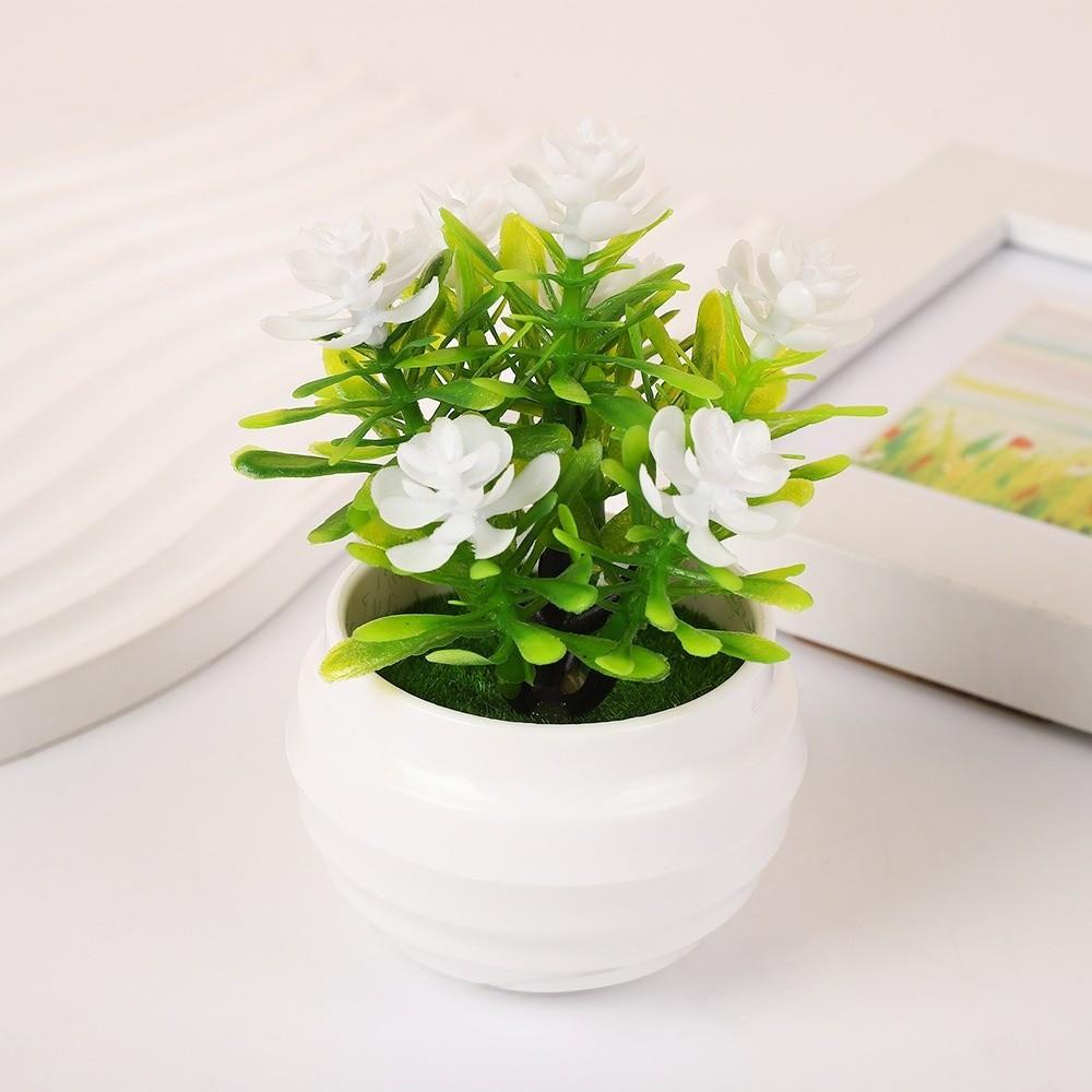 7 Flowers Artificial Potted Plant Small with White Pot Artificial Faux Plants Multi-Bloom Plastic Fake Flower Bonsai