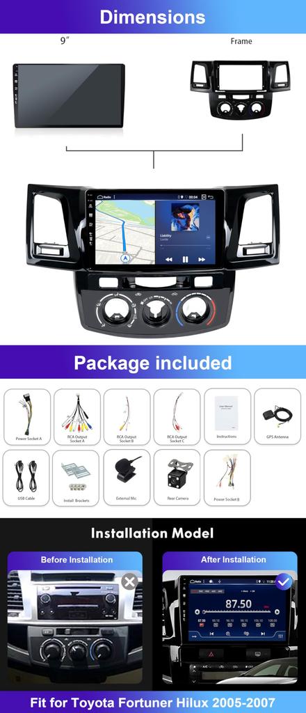 MISONDA IPS Android Autoradio Stereo für Toyota und Vigo mit GPS Spiegel Freie Kamera und 9-Zoll Fortuner, Hilux, Revo, 2005-2008 Navigation, CarPlay,