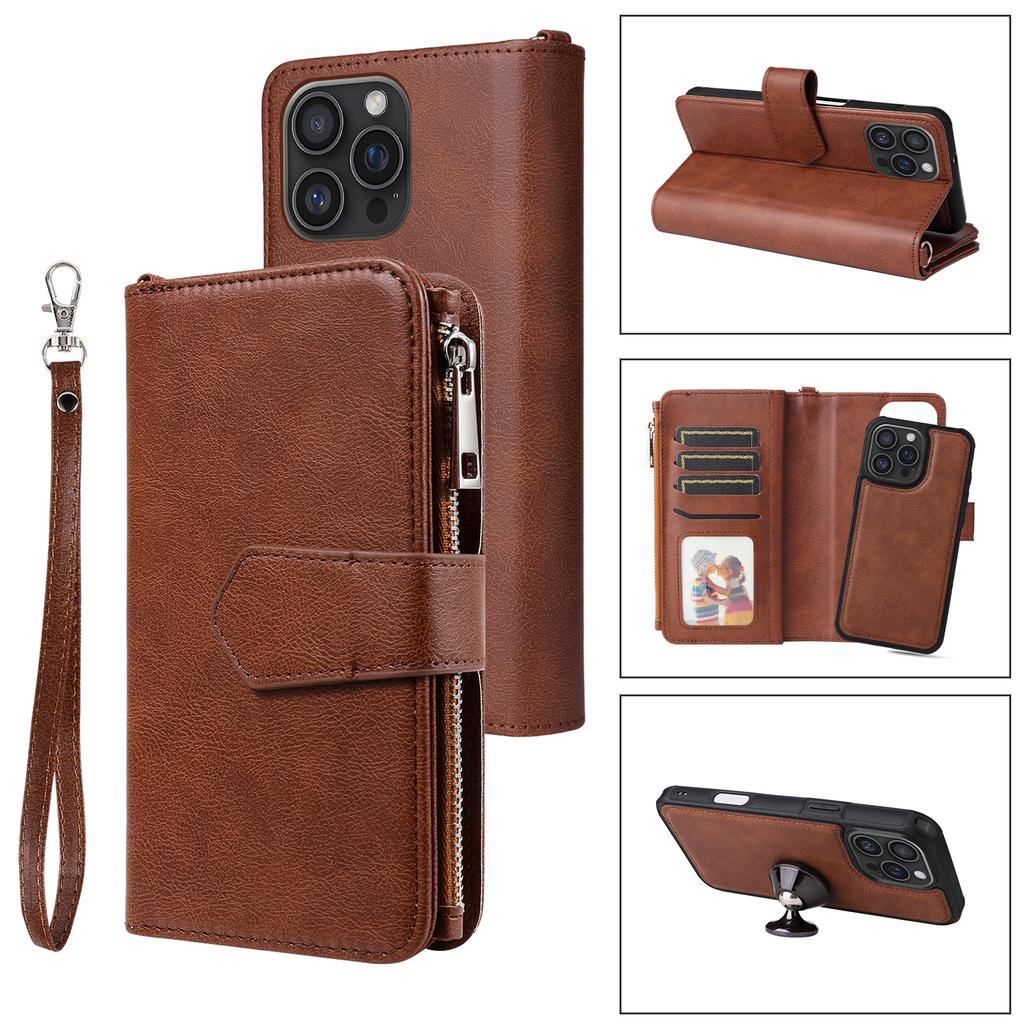 For iPhone 16 Pro Max Magnetic Leather Case Mobile Cover with Detachable Zipper Wallet Strap