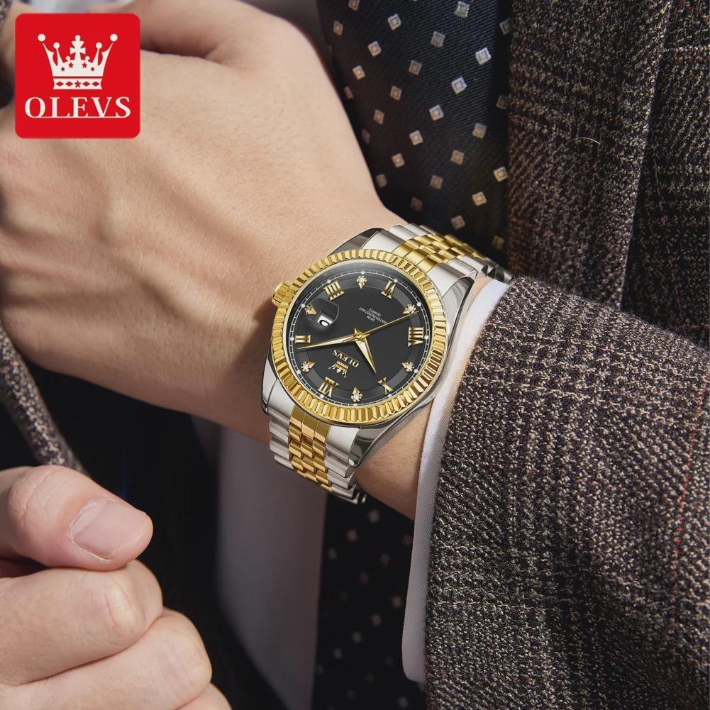 OLEVS Men's Watches Silver Stainless Steel Waterproof Quartz Watch for Man Luminous Date Business Original Male Wristwatch