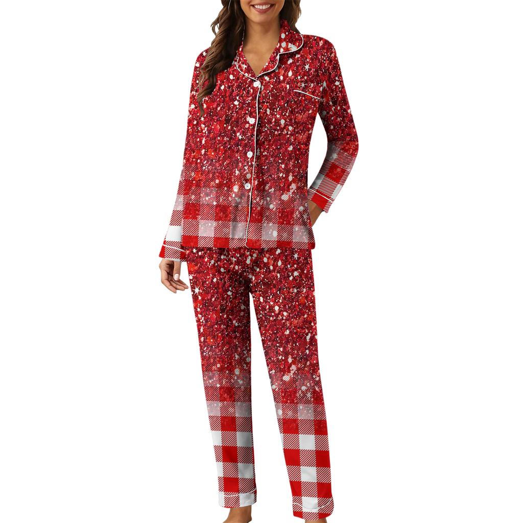 Damen Casual Mode Karomuster Patchwork Druck Langarm Hose Loungewear Set