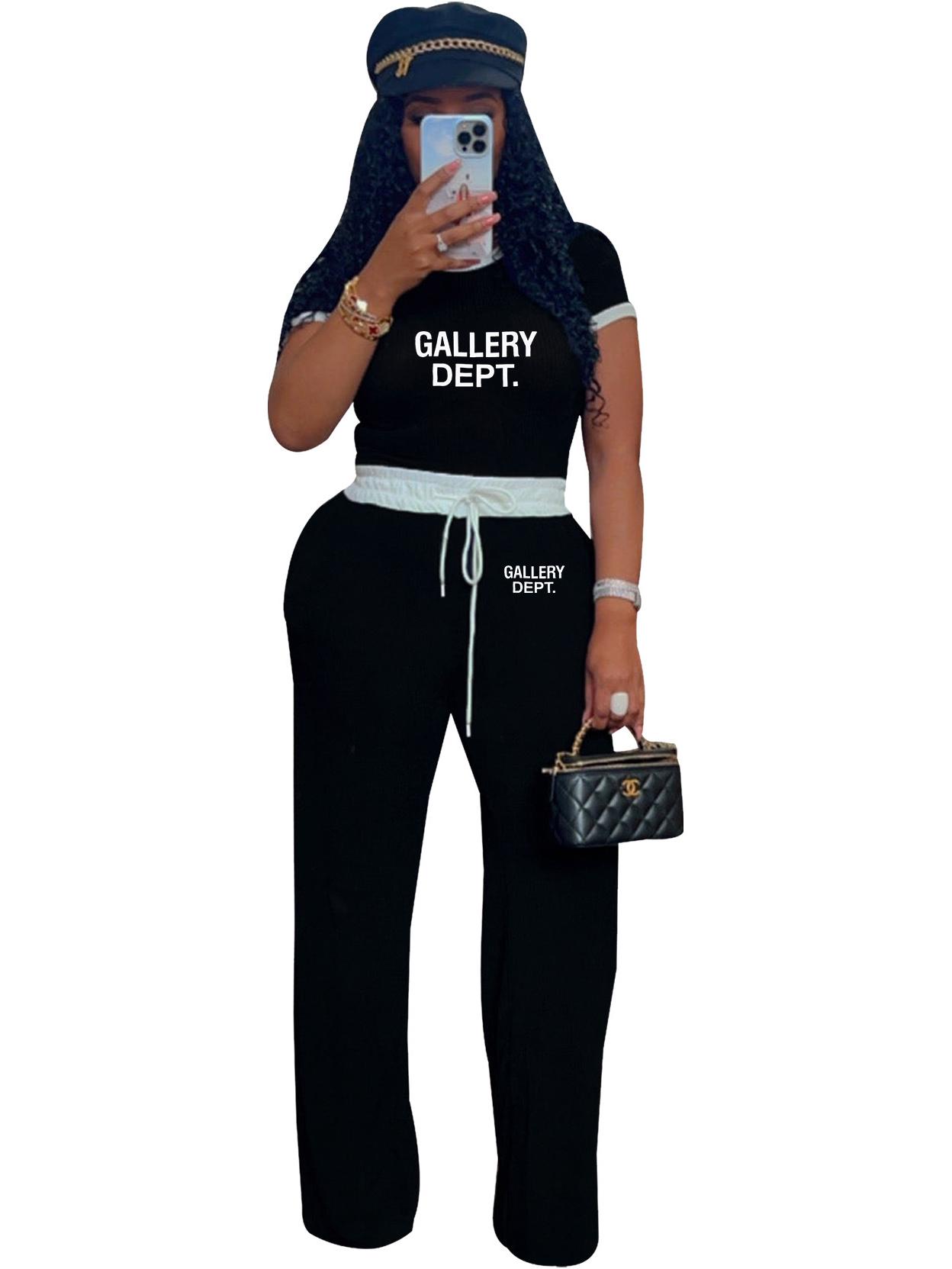 

Women s Color Block Casual Ribbed Two-Piece Set: Round Neck Short Sleeve Top and Pants Double Extra Large чёрный